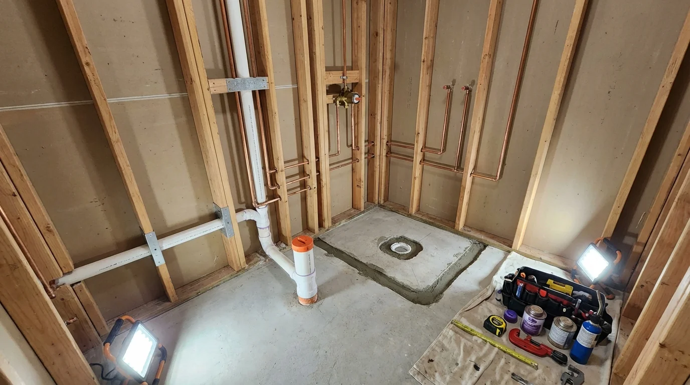 Bathroom rough-in plumbing during remodel by Johns Plumbing LLC in Plainwell