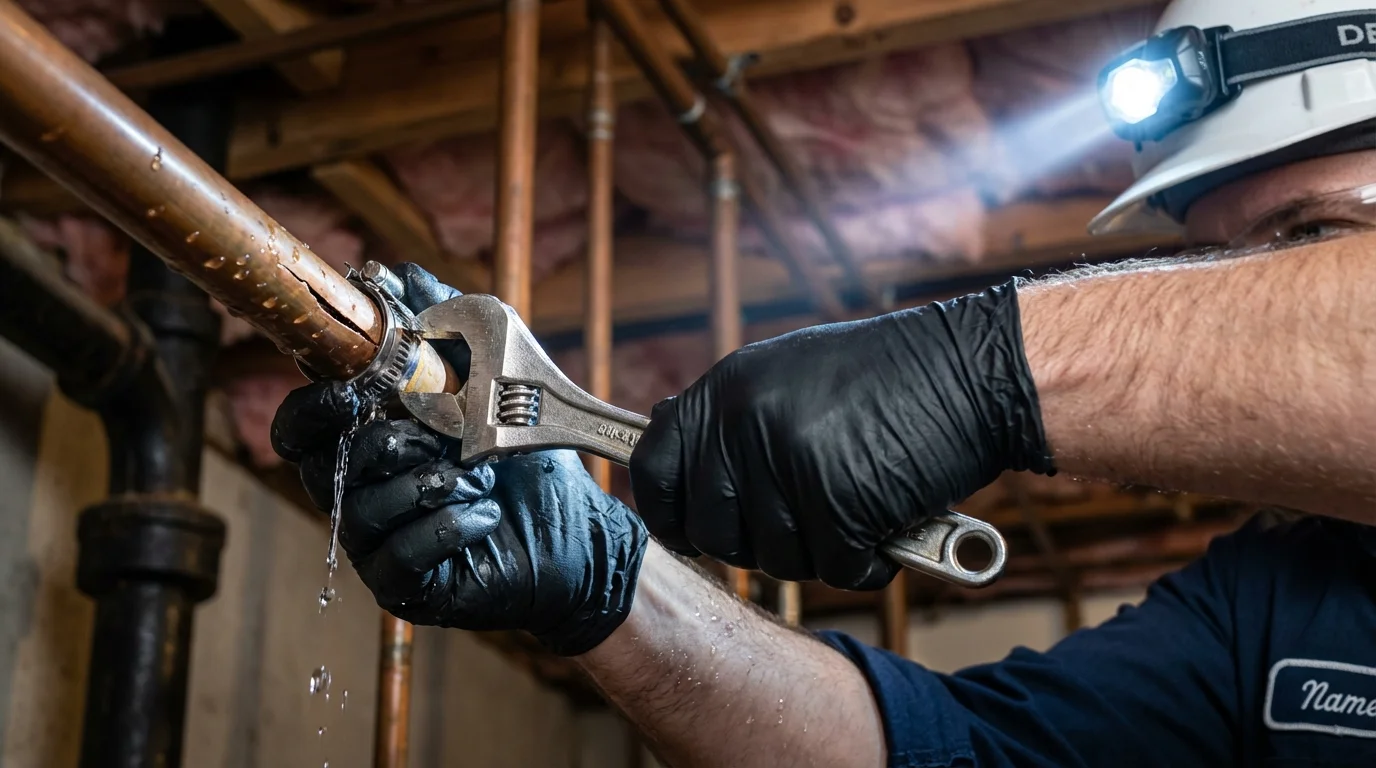 Emergency pipe clamp repair being performed by a Johns Plumbing LLC plumber in Plainwell