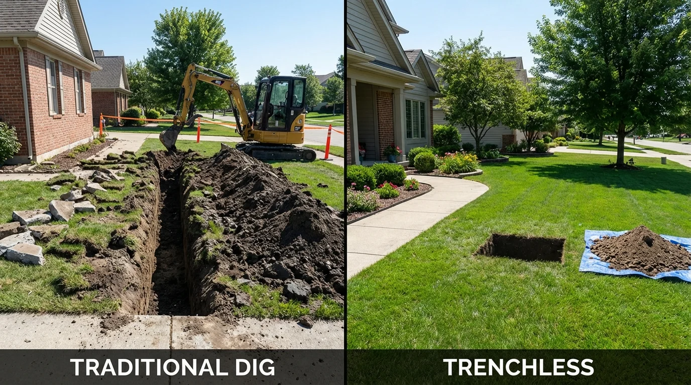 Trenchless sewer repair with minimal yard damage versus traditional excavation in Plainwell, MI